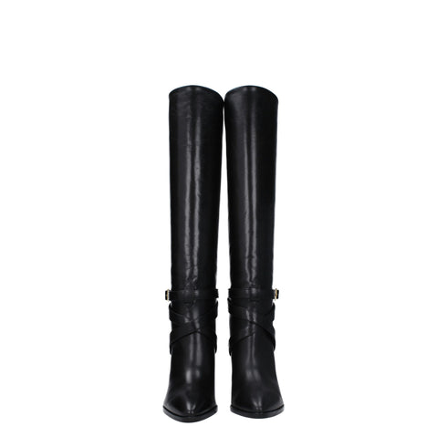 Celine Black Leather Knee-High High Heel Boots – Pointed Toe Gold Buckle